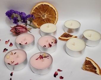 Tealights Pack of 4 Hand Poured Soy Tealights, Strawberry and Rhubarb, Orange and Bergamot, Sage and Sea Salt, Rhubarb and Rose, Ocean