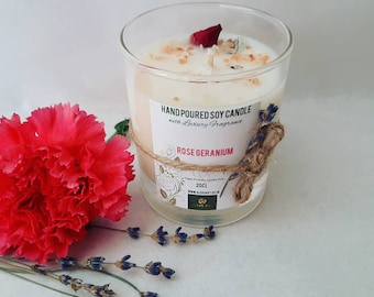 Rose Geranium Hand Poured Soy Candle 20cl Glass, SPA Candle, Relaxing Candle, Rose Candle, Vegan Candle, Gift Candle