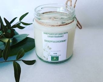 Eucalyptus Spearmint Hand Poured Soy Candle 190ml Glass Jar, Eucalyptus Candle, Spearmint Candle, SPA Candle, Relaxing Candle, Vegan Candle