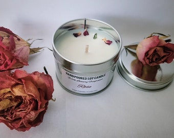 Rose Hand Poured Soy Candle 100ml Silver Tin, Rose Candle, Gift for her, Floral Candle, Rose Gift