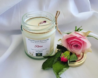 Rose Hand Poured Soy Candle 190ml Glass Jar, Rose Candle, Rose Candle Gift, Candle Gift, Wedding Candle, Rose Gift