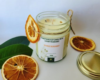 ORANGE and BERGAMOT Hand Poured Soy Candle 190ml Glass Jar, Citrus Candle, Soy Candle, Vegan Candle, Botanical Candle, SPA, Aromatherapy