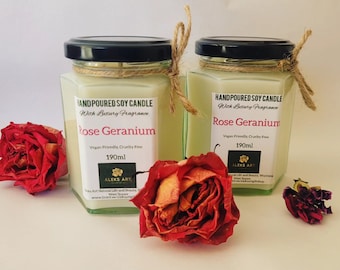 Rose Geranium Hand Poured Soy Candle 190ml Glass Jar, Rose Candle, Rose Geranium Candle, Rose Gift, Gift for her, Mothers day Gift