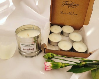 Leather Hand Poured Soy Candle 100ml Silver Tin, Leather Hand Poured Soy Tealights, Candle Git, Gift Candle, Tealights, Soy Candle