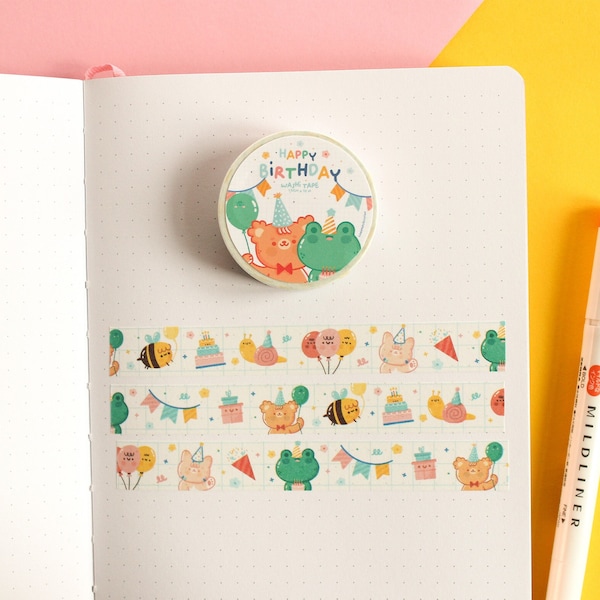 Washi Tape "Happy Birthday" with all the kawaii characters by Ilariapops, 10m x 15mm