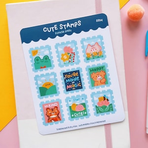 Kawaii stickervel "Cute Stamps", set van 9 schattige vinylstickers in de vorm van een stempel, gedrukt op mat papier en waterdicht