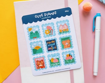 Kawaii Sticker sheet "Cute Stamps", set of 9 stamp shaped cute vinyl stickers printed on matte paper and waterproof