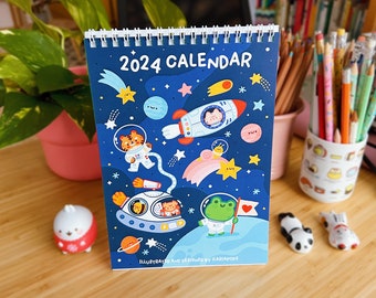 2024 Desk Calendar A5 "Happy Space Cover", 12 months Kawaii calendar with 13 pages and white spiral binding