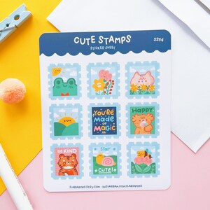 Kawaii Sticker sheet Cute Stamps, set of 9 stamp shaped cute vinyl stickers printed on matte paper and waterproof image 5