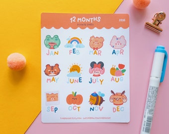 12-Month Cute Illustration Sticker Sheet for Planners and Agendas - Matte Finish