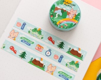 Washi Tape "Adventure awaits", nature pattern green Washi tape, 10m x 15mm