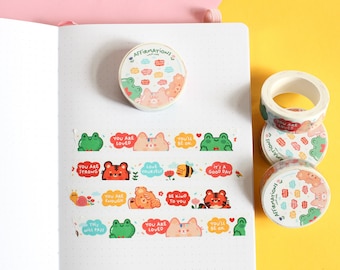 Washi Tape "Affirmations", white Washi tape with kawaii characters, 10m x 15mm