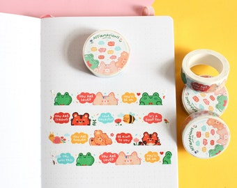 Washi Tape &quot;Affirmations&quot;, ruban Washi blanc avec personnages kawaii, 10m x 15mm