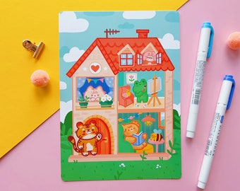 A5 "Little House" Illustration Postcard with 2024 Calendar Recap - Rounded Corners - for Agenda or Wall Decor