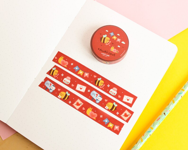 Washi Tape Kawaii Love, Cute red Washi tape, 10m x 15mm image 1