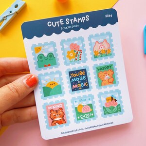 Kawaii Sticker sheet Cute Stamps, set of 9 stamp shaped cute vinyl stickers printed on matte paper and waterproof image 7