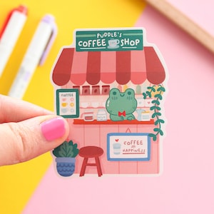 Puddle's Coffee Shop, adesivo in vinile opaco fustellato, adesivo impermeabile.