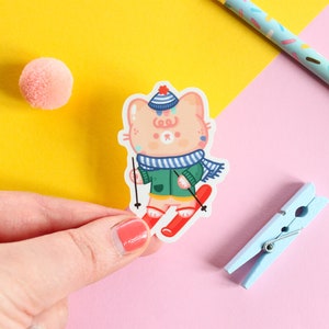 Mango the cat &quot;ski fun&quot;! Die-cut glossy clear vinyl sticker, waterproof sticker.