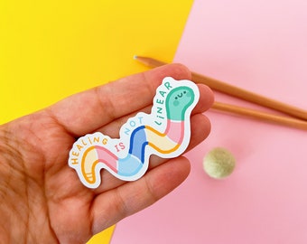 Rainbow Worm 'Healing Is Not Linear' Waterproof Sticker | Cute Motivational Illustration | Resilience Decal | Mental Health Art