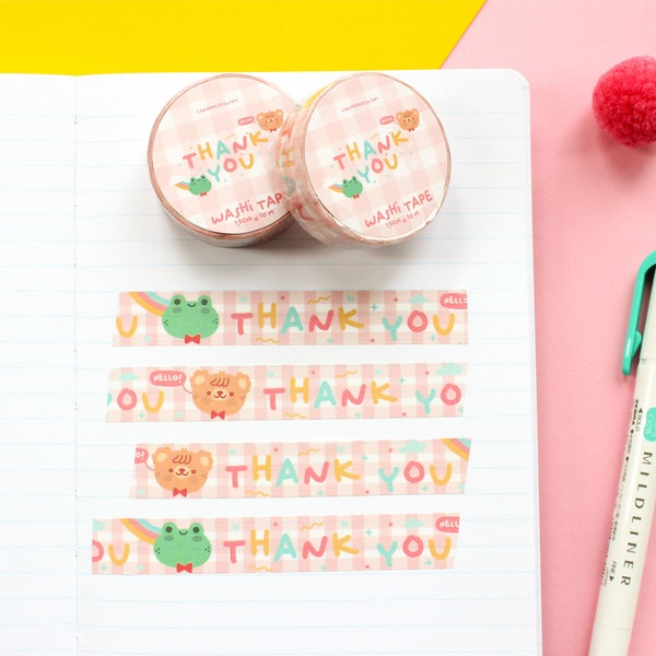 Washi tape ""Thank You", fröhliches Washi tape mit Paco der Bär und Pfütze dem Frosch- 10m x 15mm ."