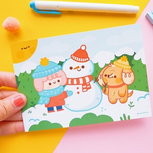 Mira and Jupi Snowman Mini-Print - Cute Winter Scene with Pink-Haired Girl and Dog - 324gsm Matte Finish