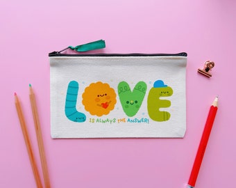 Love is Always the Answer handprinted cotton pencil case. Cute cosmetic bag, kawaii pouch accessory