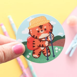 Bao the Tiger hiking, Die-cut matte vinyl sticker, waterproof sticker.