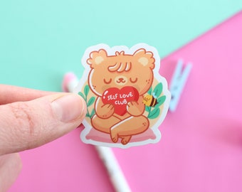 Self Love Club with Paco the bear, Die-cut vinyl glossy waterproof sticker for water bottle, laptop and more illustrated by Ilariapops.