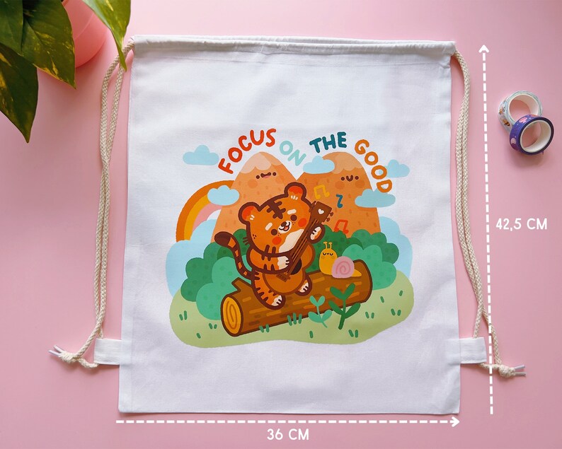 Cute Cotton Drawstring Bag with Bao & Lettuce Illustration Focus on the Good image 2