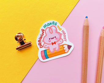 Drawing Makes Me Happy, Die-cut matte vinyl sticker, cute bunny sticker for illustrators or art lovers