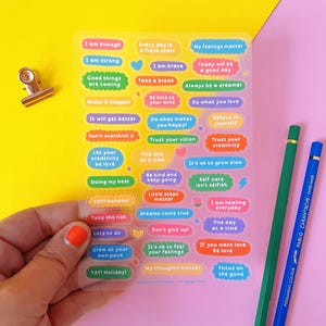 Affirmations Sticker Sheet - 38 Cute Vinyl Stickers on Matte Transparent Waterproof Paper