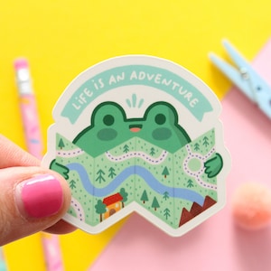 Puddle the Frog "Life in an adventure!", Die-cut matte vinyl sticker, waterproof sticker.