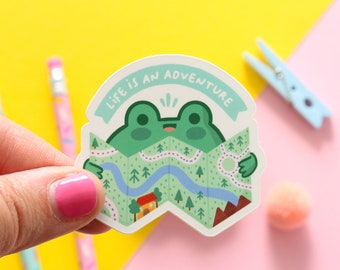 Puddle the Frog "Life in an adventure!", Die-cut matte vinyl sticker, waterproof sticker.