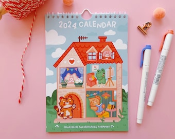 2024 Wall Calendar A5 size "Little House Cover", 12 months Kawaii calendar with 14 pages and white spiral binding for hanging.