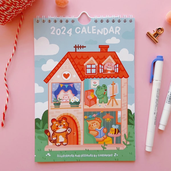 2024 Wandkalender A5 Größe ""Little House Cover"", 12 Monate Kawaii-Kalender mit 14 Seiten und weißer Spiralbindung zum aufhängen."