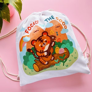 Cute Cotton Drawstring Bag with Bao & Lettuce Illustration Focus on the Good image 1