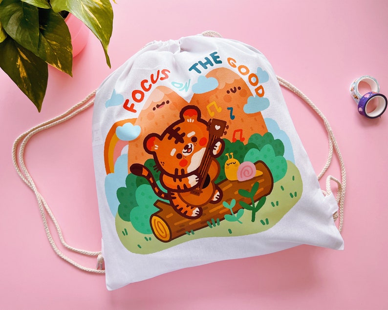 Cute Cotton Drawstring Bag with Bao & Lettuce Illustration Focus on the Good image 1