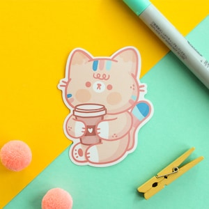 Mango the cat having Coffee, Die-cut matte vinyl sticker, waterproof sticker.