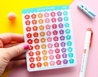 Sticker sheet "Flower Alphabet", set of 63 kiss cut stickers printed on matte vinyl paper, waterproof.