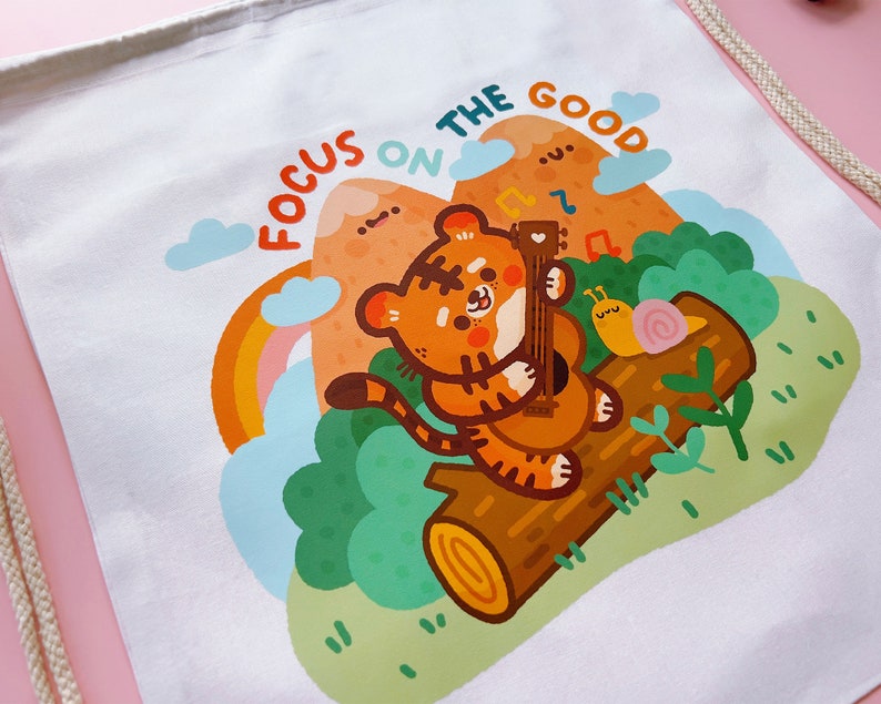 Cute Cotton Drawstring Bag with Bao & Lettuce Illustration Focus on the Good image 5