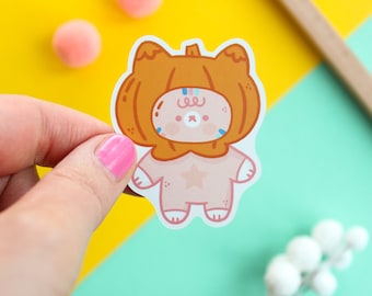 Mango the cat with a pumpkin head, Die-cut matte vinyl sticker, waterproof sticker.