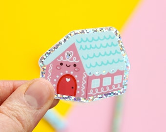 Vinyl Sticker with glitters. Cute Gingerbread House, Large vinyl sticker with glitter details.