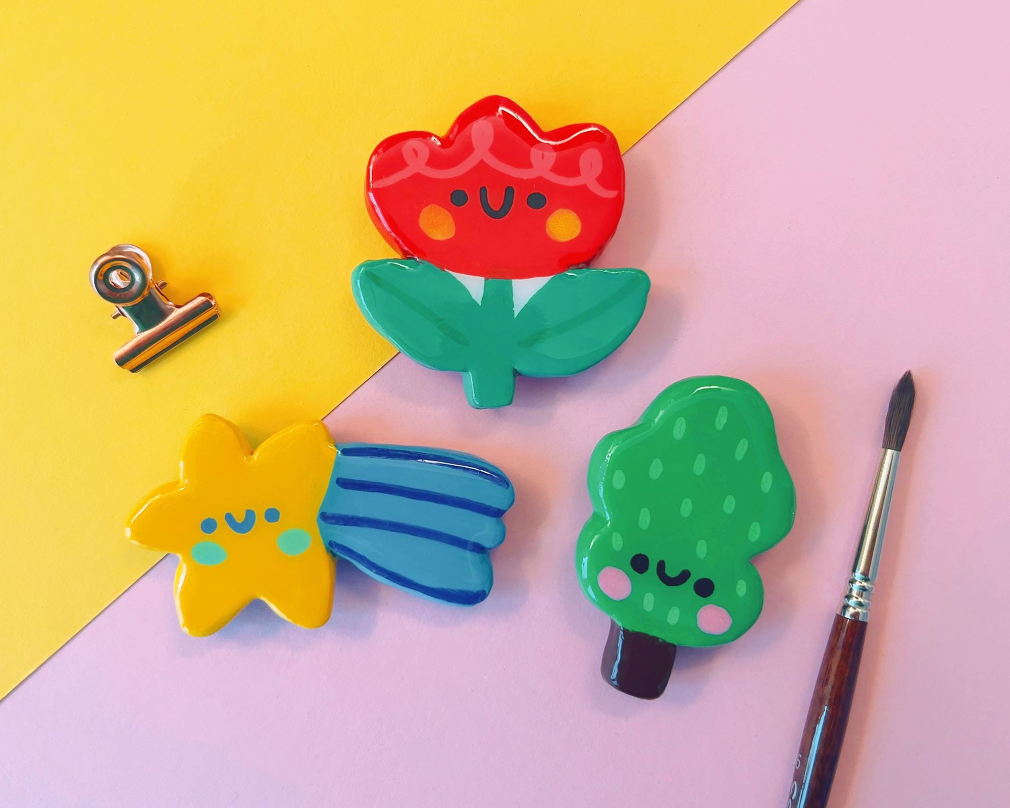 Handmade clay magnets Nature Collection | one-of-a-kind hand-painted figurines with strong 1.7 cm magnets