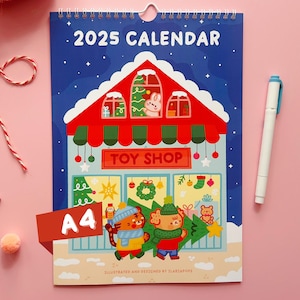 2025 Niedlicher Wandkalender, A4 Format – 12 Monate voller niedlicher Illustrationen, Spiralbindung zum einfachen aufhängen