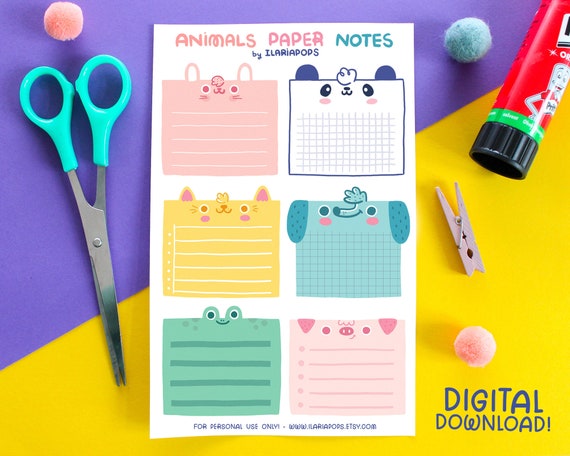 Animals Paper Notes, printable for planners, cute paper notes, memo notes  digital download, 1 sheet to download and print at home!