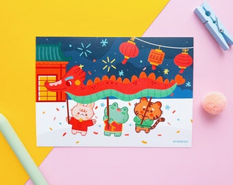 Chinese New Year MiniPrint - Bao the Tiger, Puddle the Frog, and Bunny in Festive Dragon Parade - 324gsm Matte Finish