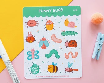 Kawaii Sticker sheet "Funny Bugs", set of 14 cute vinyl stickers printed on matte paper and waterproof