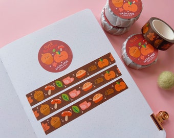 Cute Autumn Washi Tape - Paper Packaging - Adorable Fall Illustrations - Playful and Cute Decorative Tape for Crafts and Journaling