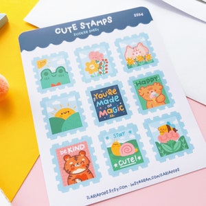 Kawaii Sticker sheet Cute Stamps, set of 9 stamp shaped cute vinyl stickers printed on matte paper and waterproof image 6