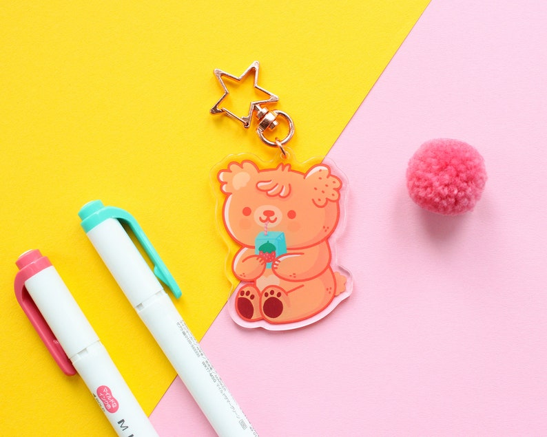 Paco The Bear drinking juice Acrylic Keychain, rose gold start shaped clip, bear character keychain 6 cm image 3